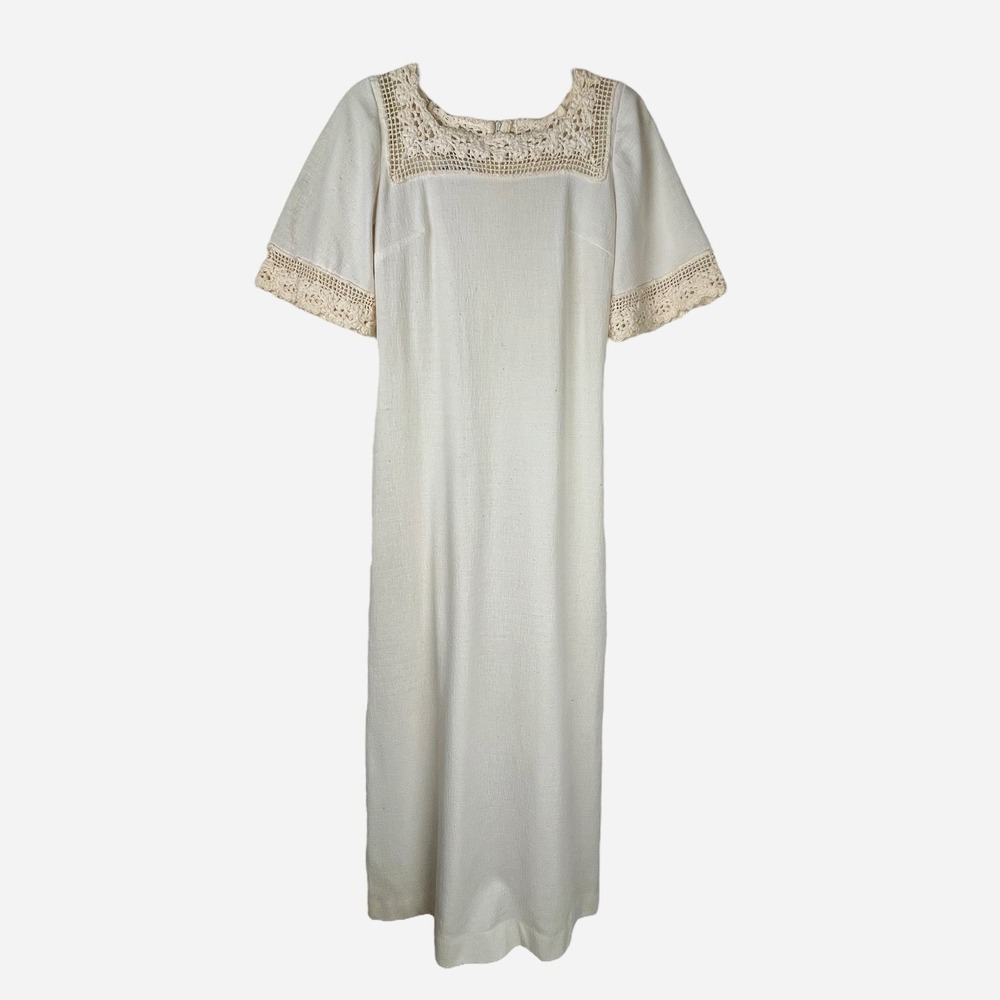 Vintage 60s Butte‎ Knit Off White Ivory Dress Crochet Long Shift Union Made Sz 2
